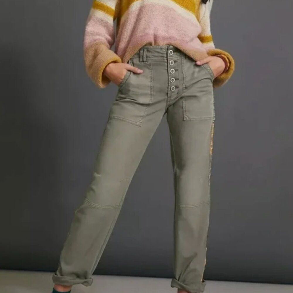 Women Anthropologie Wanderer Side-Striped Cargo Pants Moss Green Size 26